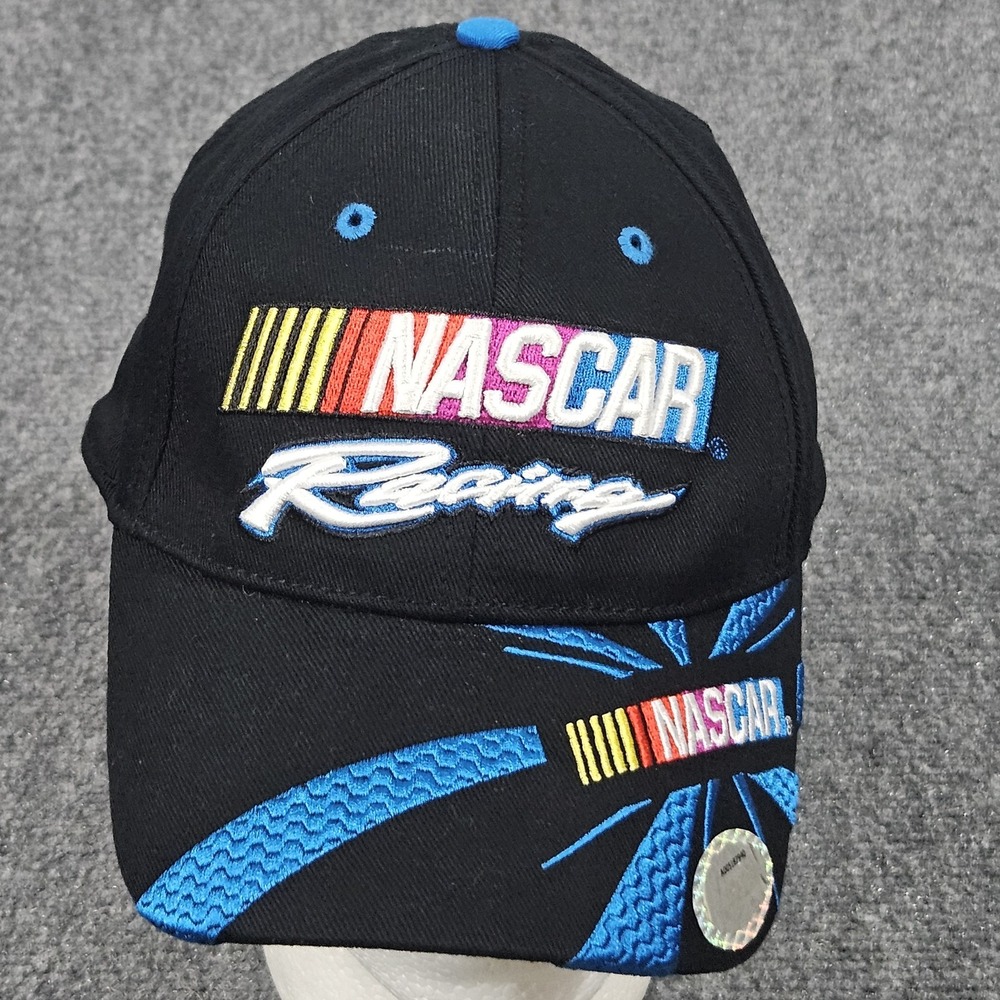 NASCAR Racing Hat Black Blue Embroidered Strapback Cap Drew Pearson Fan Wear Y2K
